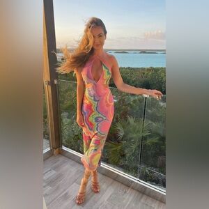 AFRM Tessa Mesh Midi Dress in Abstract Multi Marble XS